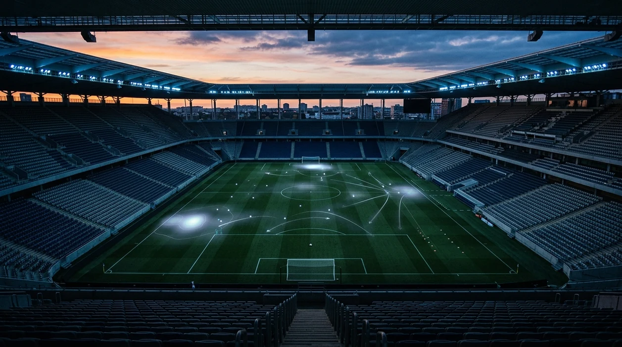 An empty football stadium pitch is overlaid with subtle data patterns and tactical probability lines.