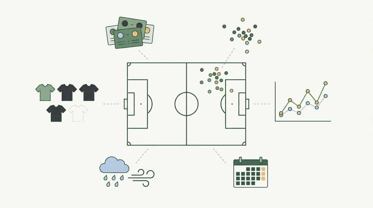 A clean diagram shows six unlabeled football data clusters feeding into a central pitch outline.