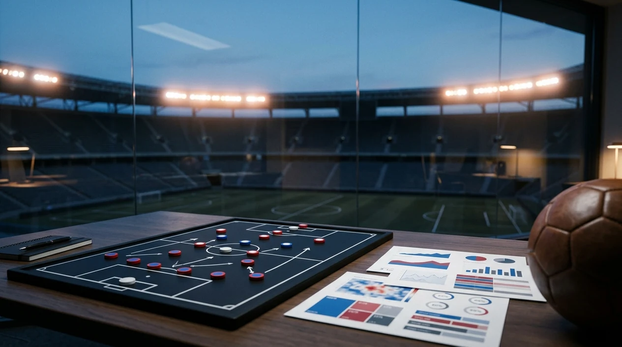 A football tactics board and data sheets sit in a stadium analytics workspace at dusk.
