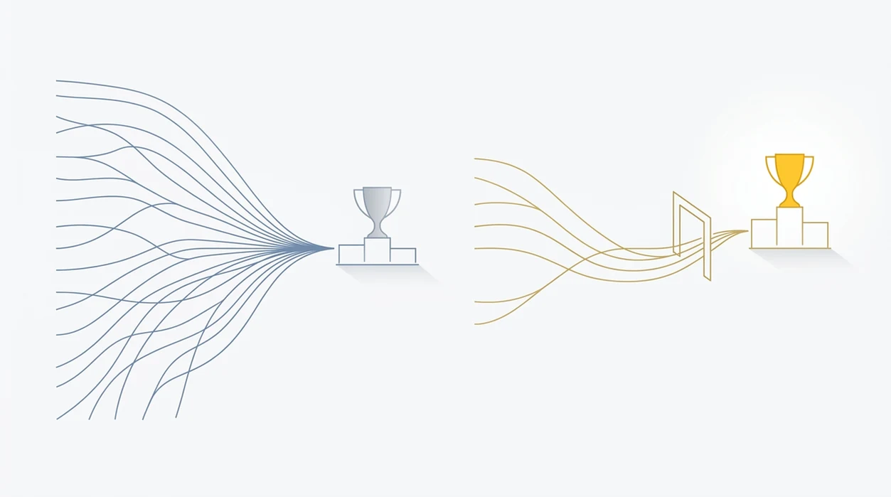 Abstract blue and gold paths show the difference between reaching a final and winning the trophy.