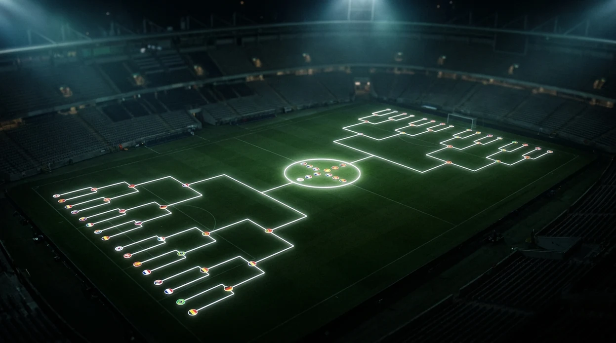 A glowing knockout bracket is mapped across an empty football pitch under stadium lights.