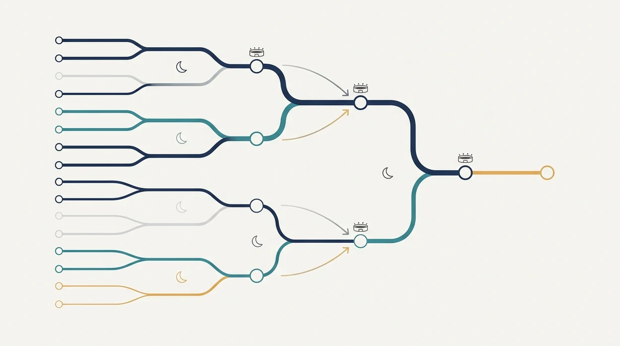 An unlabeled knockout bracket diagram shows weighted paths, rest markers, stadium icons, and travel arrows.