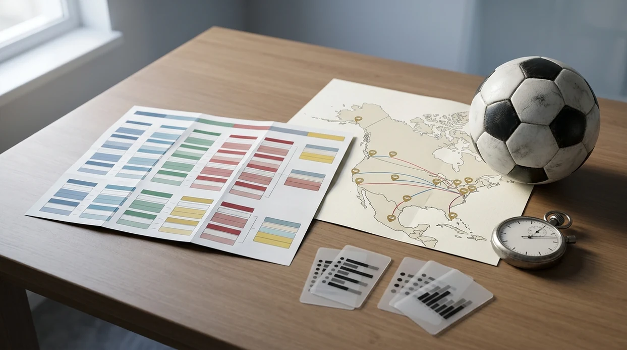 A fixture grid, map, football, stopwatch, and probability cards show how schedule context shapes forecasts.