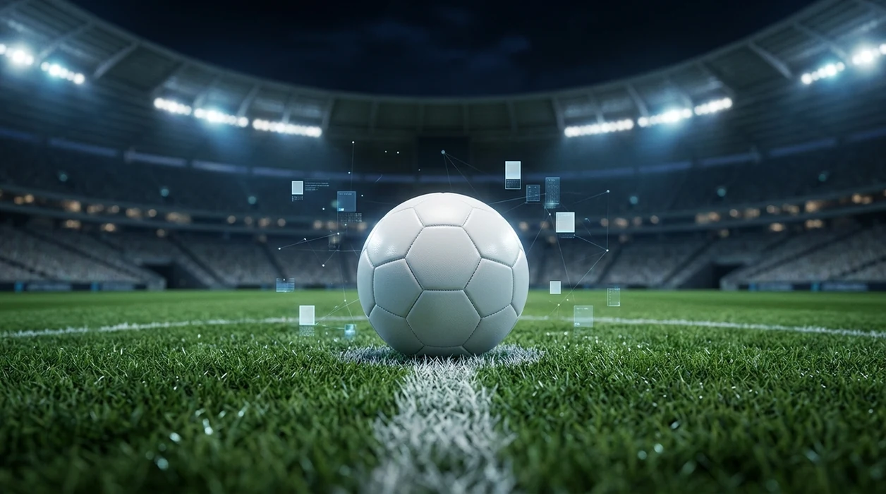 A football on a floodlit pitch is surrounded by abstract probability tiles and data lines.