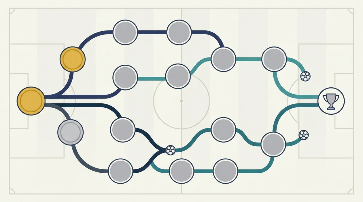 A minimalist route diagram shows first and second place group finishes leading to different knockout paths.