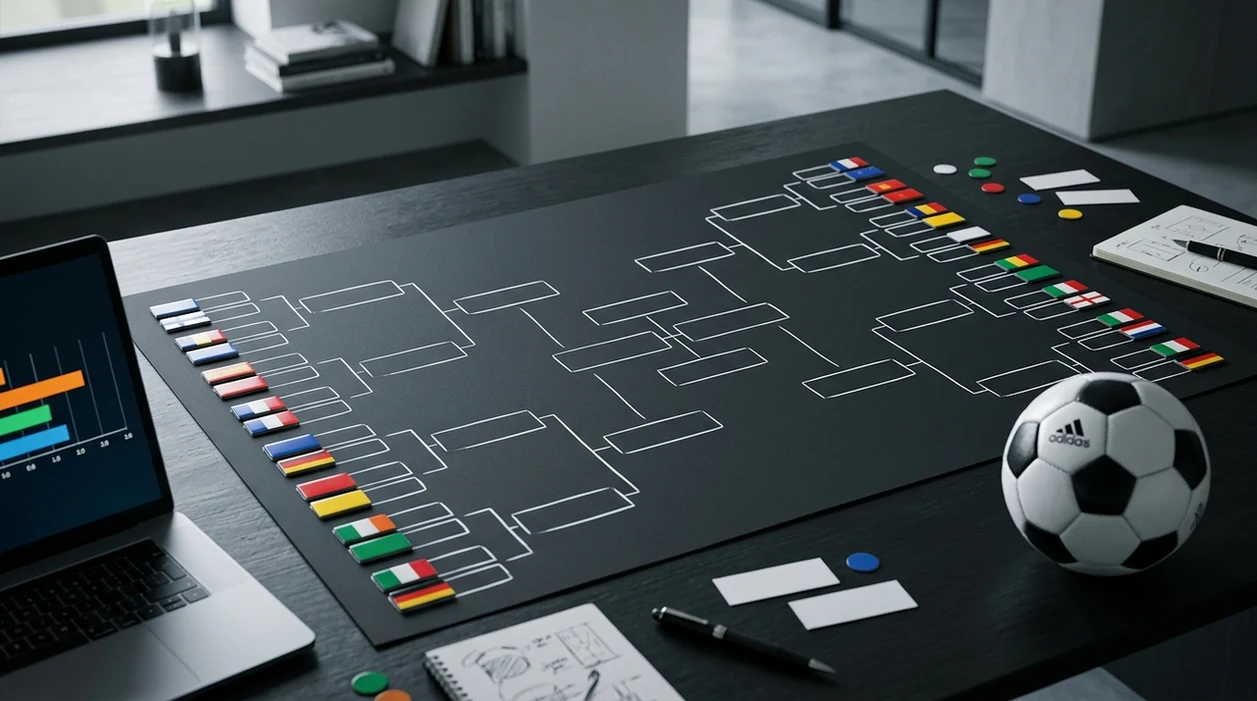 A tabletop tournament bracket with football markers shows how routes shape World Cup probabilities.