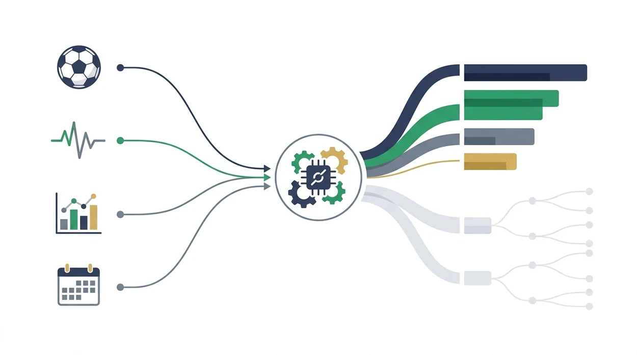 A clean abstract diagram shows football data inputs flowing into stage-by-stage outcome probabilities.